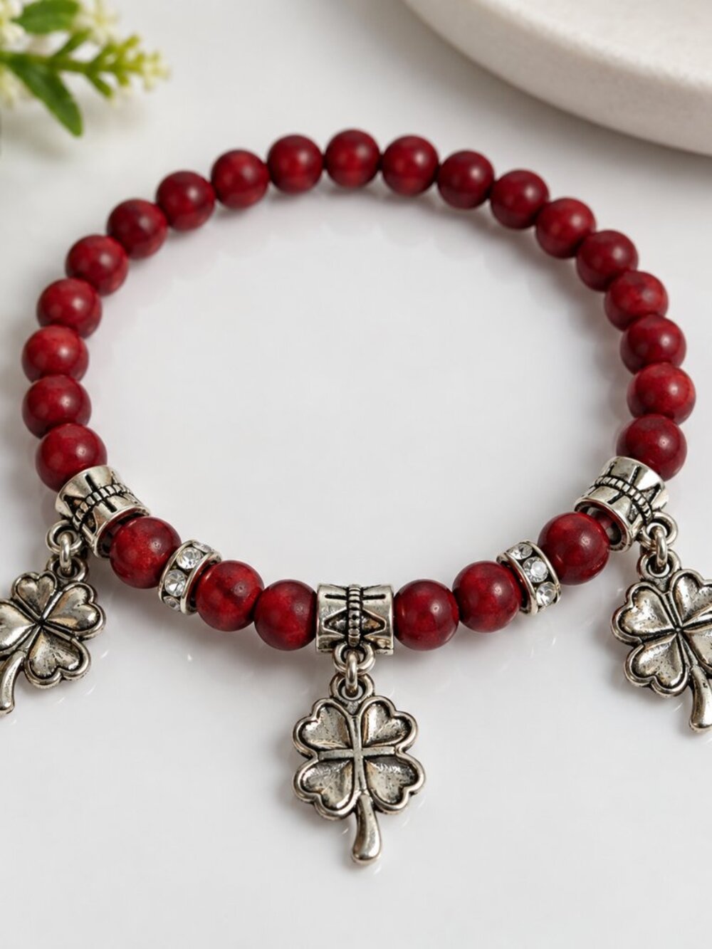 Red Natural Stone Beaded Bracelet 3 Four Leaf Clover Charms